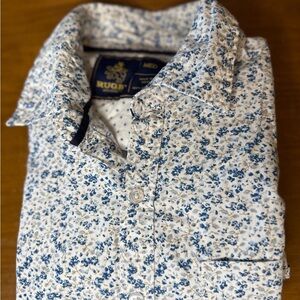 Men's White and Short Sleeve Blue Floral Button Down Shirt